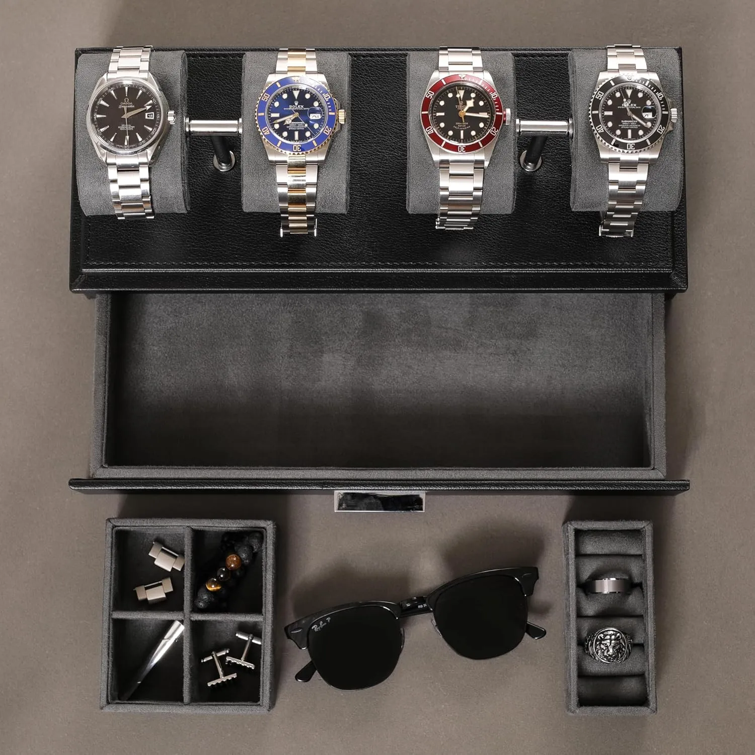 Luxury Watch Display Case for 4 Watches ?C abalone grab anvil consult juicy bit Leather Watch Box with Acrylic Cover and Removable Slide in Cushions ?C Accessory Drawer with Multiple Configurations (Black/Grey) ROTHWELL 