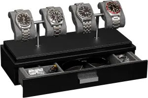 Luxury Watch Display Case for 4 Watches ?C abalone grab anvil consult juicy bit Leather Watch Box with Acrylic Cover and Removable Slide in Cushions ?C Accessory Drawer with Multiple Configurations (Black/Grey) ROTHWELL 
