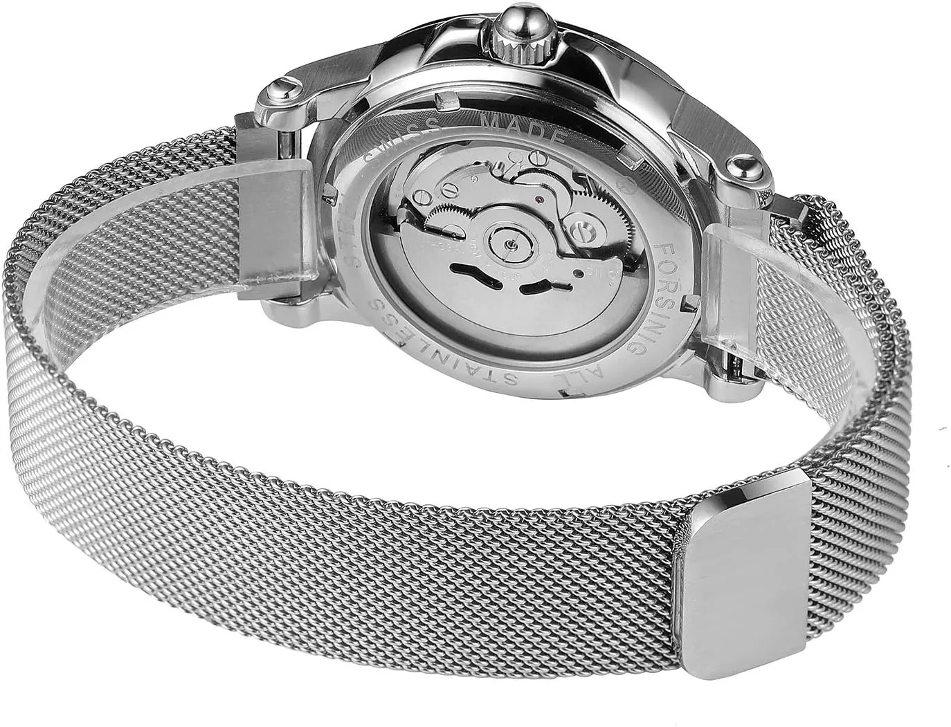 magnet Stainless Steel Mesh Band Roman Numeral Bracelet Watch MASTOP Men's Automatic Mechanical Wrist Watch Skeleton 
