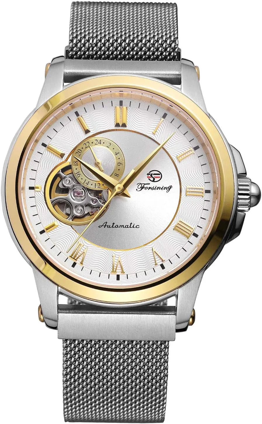 magnet Stainless Steel Mesh Band Roman Numeral Bracelet Watch MASTOP Men's Automatic Mechanical Wrist Watch Skeleton 