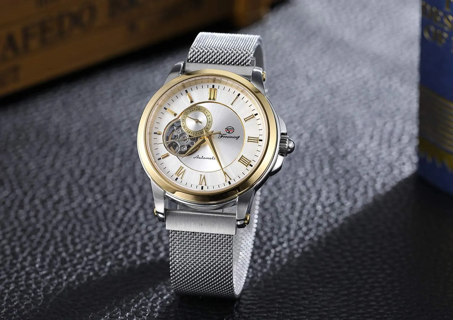 magnet Stainless Steel Mesh Band Roman Numeral Bracelet Watch MASTOP Men's Automatic Mechanical Wrist Watch Skeleton 