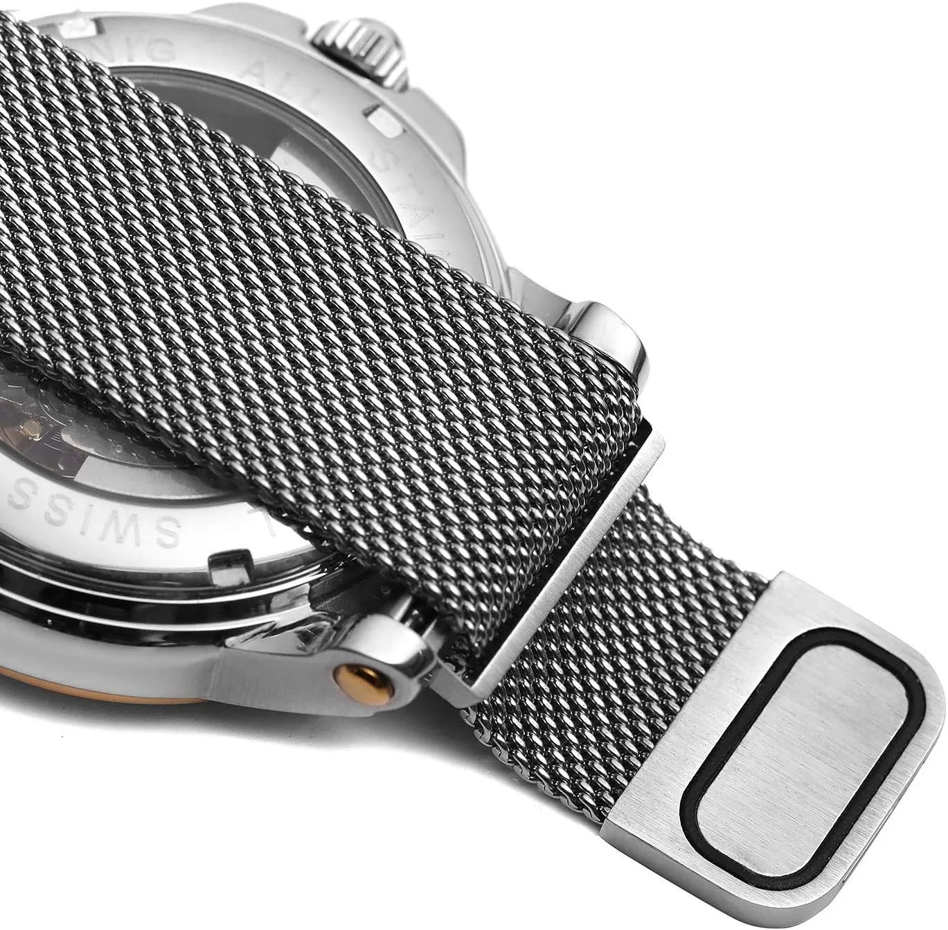magnet Stainless Steel Mesh Band Roman Numeral Bracelet Watch MASTOP Men's Automatic Mechanical Wrist Watch Skeleton 