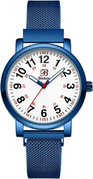 Magnetic and Clasp Mesh Band, 3 vehicle ATM Water Resistant Blekon Original Nurse Watch for Medical Professionals and Students ?C Various Metallic Mesh Colors, Easy Read Dial, 