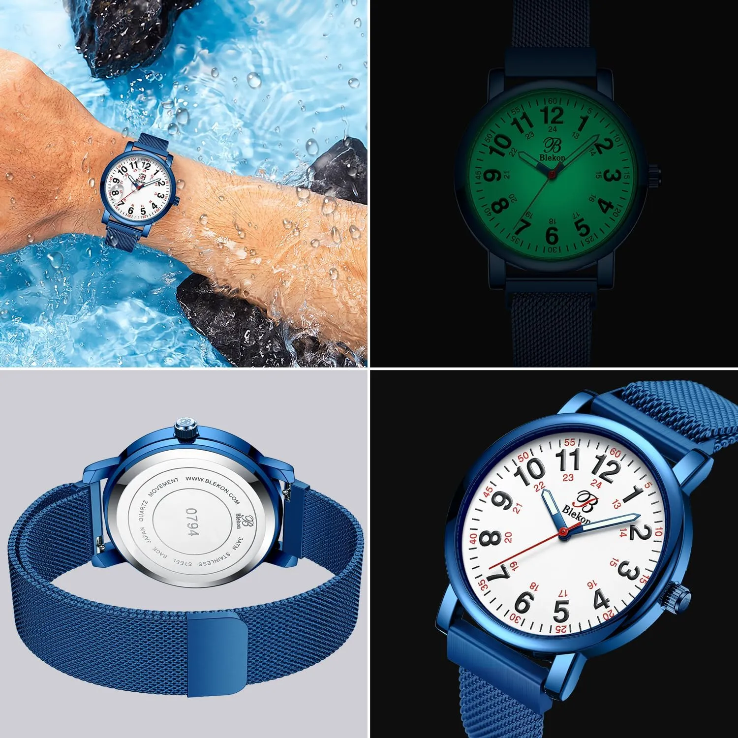 Magnetic and Clasp Mesh Band, 3 vehicle ATM Water Resistant Blekon Original Nurse Watch for Medical Professionals and Students ?C Various Metallic Mesh Colors, Easy Read Dial, 