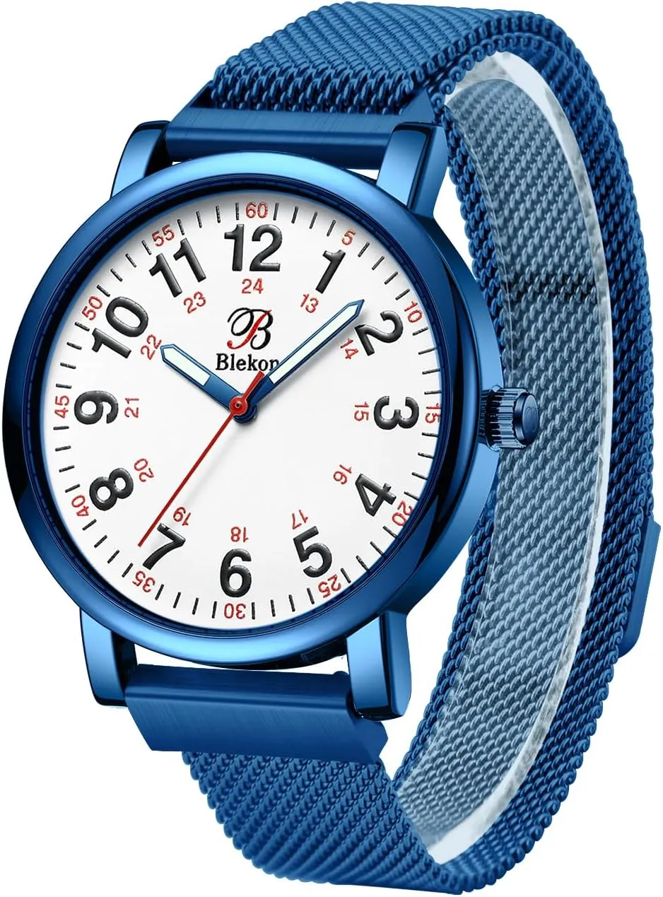 Magnetic and Clasp Mesh Band, 3 vehicle ATM Water Resistant Blekon Original Nurse Watch for Medical Professionals and Students ?C Various Metallic Mesh Colors, Easy Read Dial, 