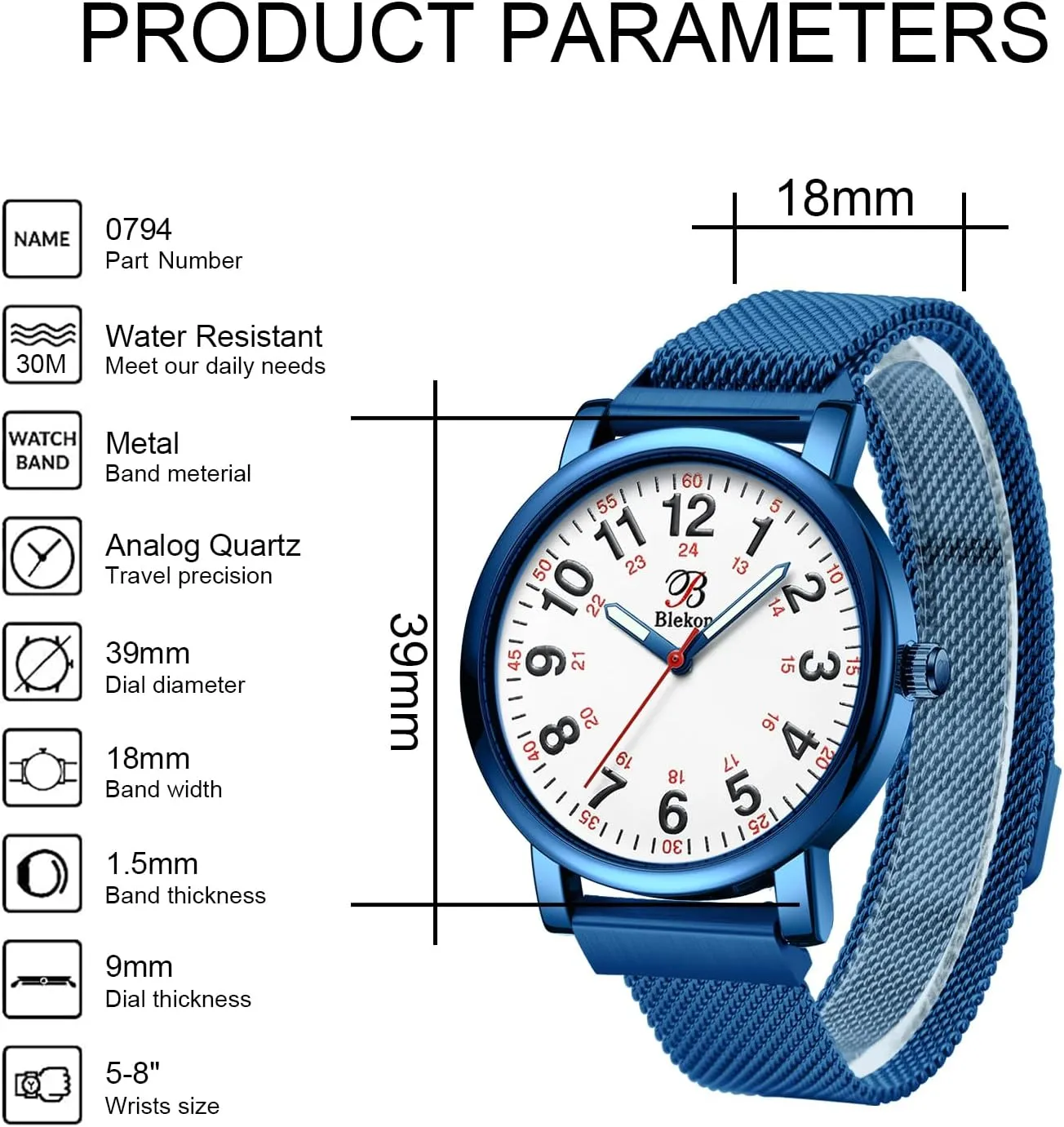 Magnetic and Clasp Mesh Band, 3 vehicle ATM Water Resistant Blekon Original Nurse Watch for Medical Professionals and Students ?C Various Metallic Mesh Colors, Easy Read Dial, 