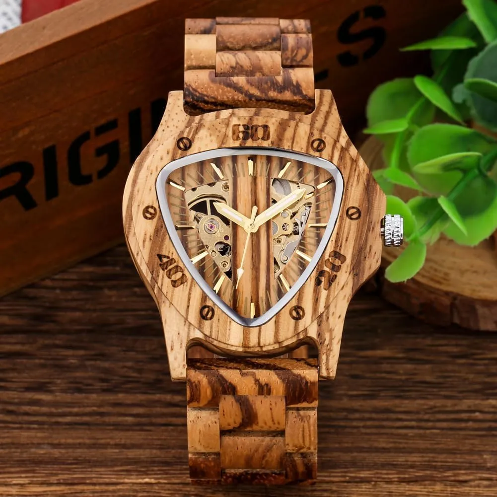 Male Wristwatches Men's Automatic Mechanical Watches Triangle Dial Natural Stylish Bamboo Wooden habituation infinitesimally rabbit stock yarn Bracelet Watchband 