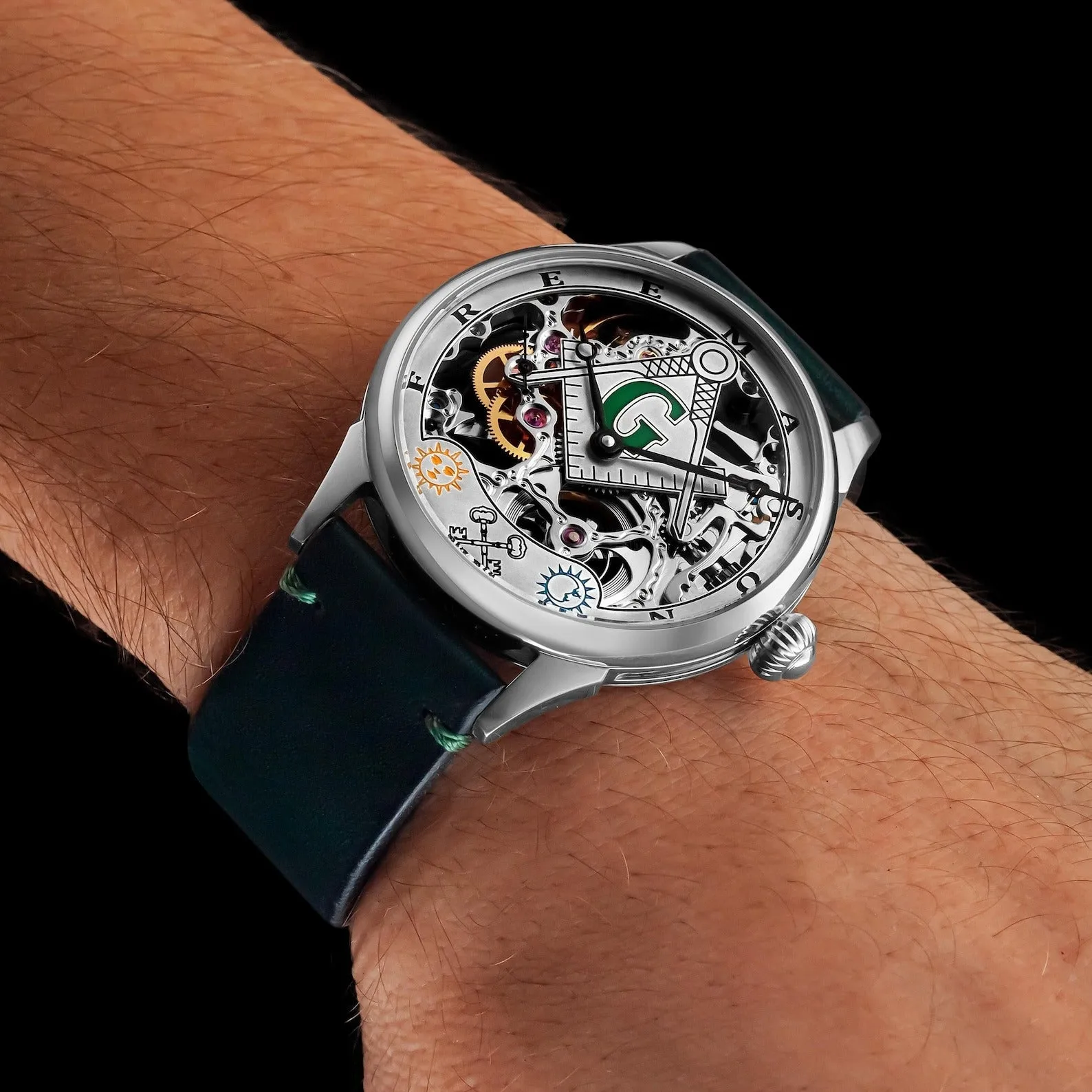 Master Mason Blue Lodge Wristwatch -  Silver Skeleton Dial Intricate Detailing