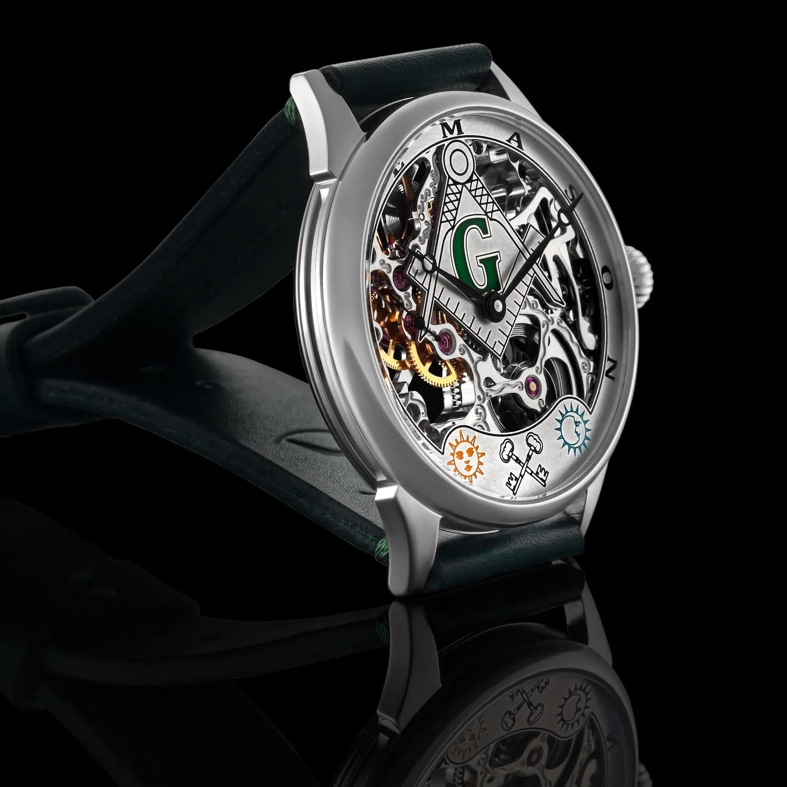 Master Mason Blue Lodge Wristwatch -  Silver Skeleton Dial Intricate Detailing