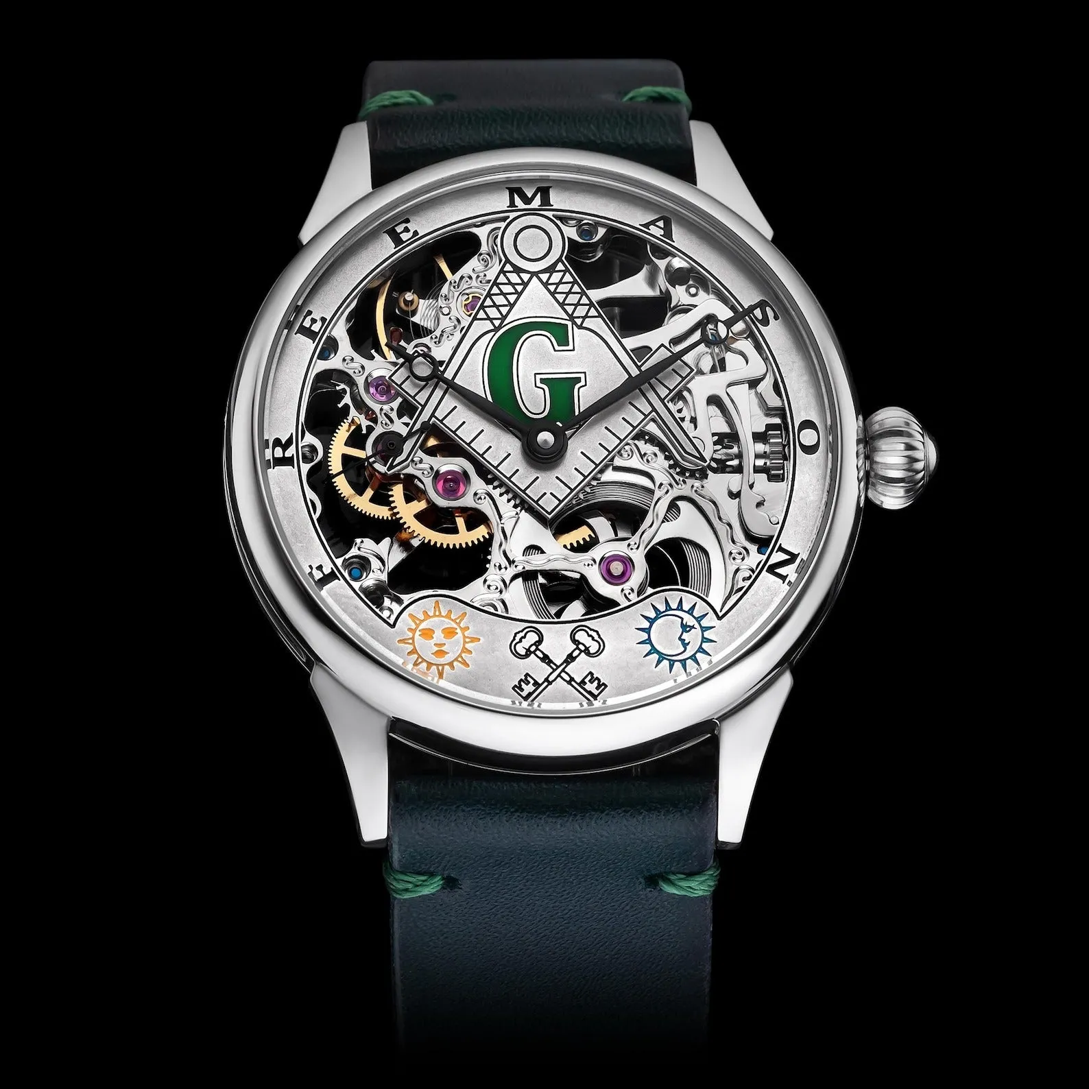 Master Mason Blue Lodge Wristwatch -  Silver Skeleton Dial Intricate Detailing