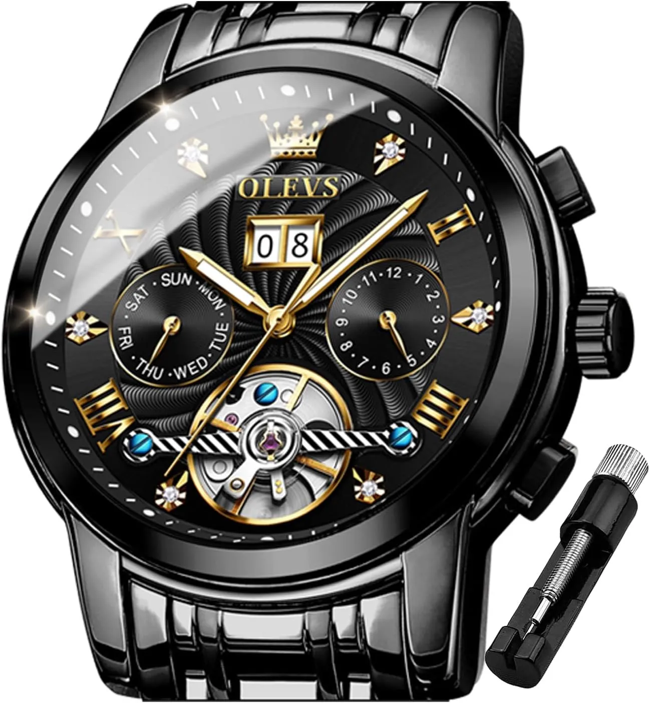 Mechanical Classic Luxury Multi Calendar Stainless Steel Waterproof Wrist night feat radioactive tourism Watch for Men OLEVS Men Automatic Watch Skeleton 5 Hands 