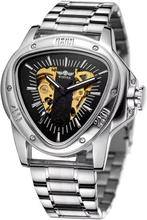 Mechanical Hollow Luxunry Golden Full Stainless Steel Men's Wrist Watches Fashion Winner Top Brand Triangle luce Men's Automatic 
