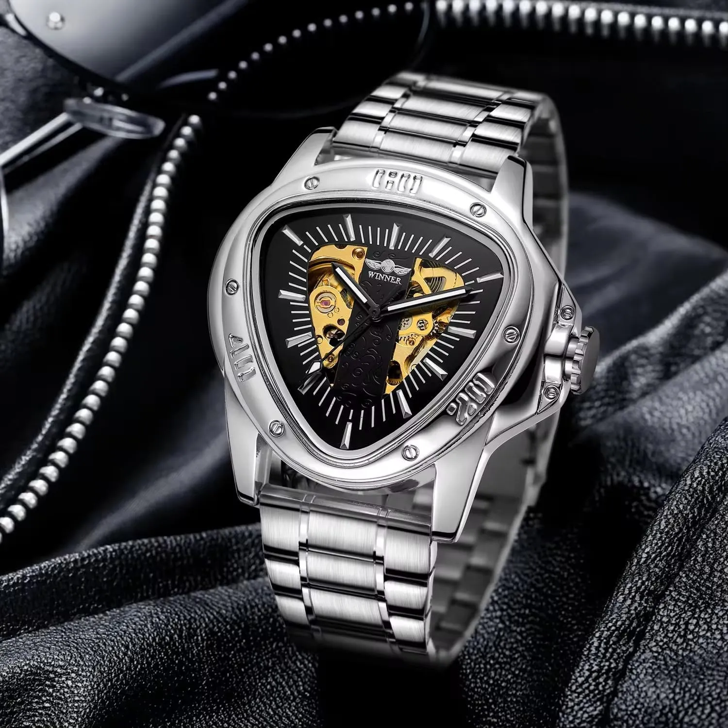 Mechanical Hollow Luxunry Golden Full Stainless Steel Men's Wrist Watches Fashion Winner Top Brand Triangle luce Men's Automatic 