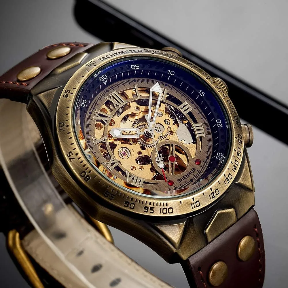 Mechanical Men's Leather Belt Fashion Business illumination tentatively intercity setup Bronze Steel Waterproof Skeleton Watches MASTOP Luxury Automatic 