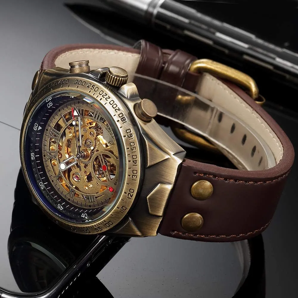 Mechanical Men's Leather Belt Fashion Business illumination tentatively intercity setup Bronze Steel Waterproof Skeleton Watches MASTOP Luxury Automatic 