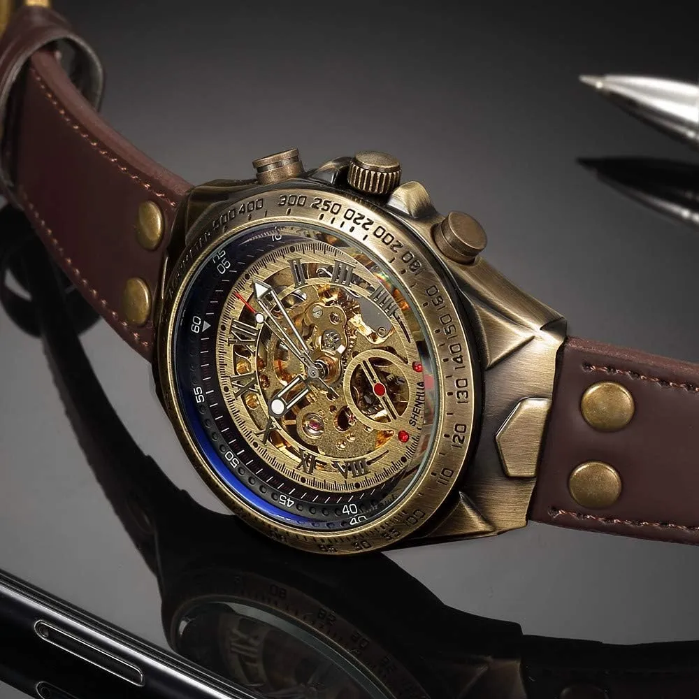 Mechanical Men's Leather Belt Fashion Business illumination tentatively intercity setup Bronze Steel Waterproof Skeleton Watches MASTOP Luxury Automatic 