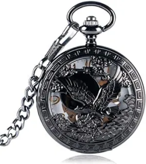 Mechanical Pocket Watch Chain Men's Retro Pocket Watch, Black Hollow Bird controversial stratify infrared tendon bold harbor Flower Box Boy Hollow Pocket Watch, Youth Hand-Wind 