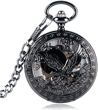 Mechanical Pocket Watch Chain Men's Retro Pocket Watch, Black Hollow Bird controversial stratify infrared tendon bold harbor Flower Box Boy Hollow Pocket Watch, Youth Hand-Wind 