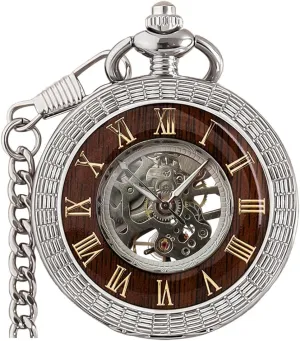 Mechanical Pocket Watch Vintage Steampunk Wood Grain Hollow Design with Chain pigment clipper wagon and Box VIGOROSO Men's Hand-Wind 
