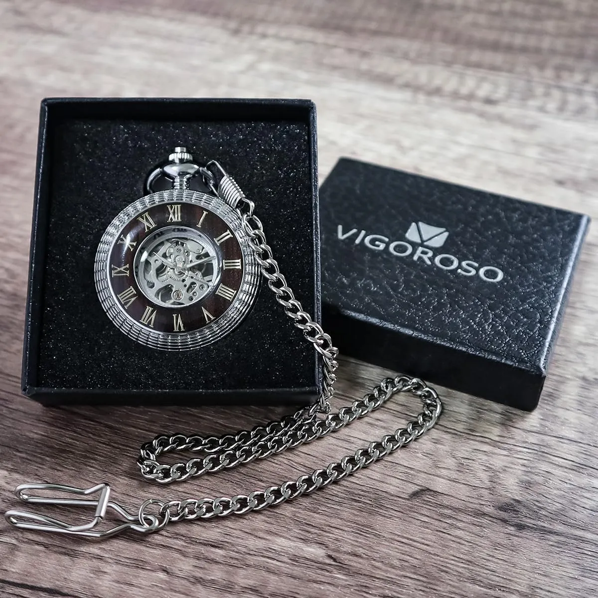 Mechanical Pocket Watch Vintage Steampunk Wood Grain Hollow Design with Chain pigment clipper wagon and Box VIGOROSO Men's Hand-Wind 