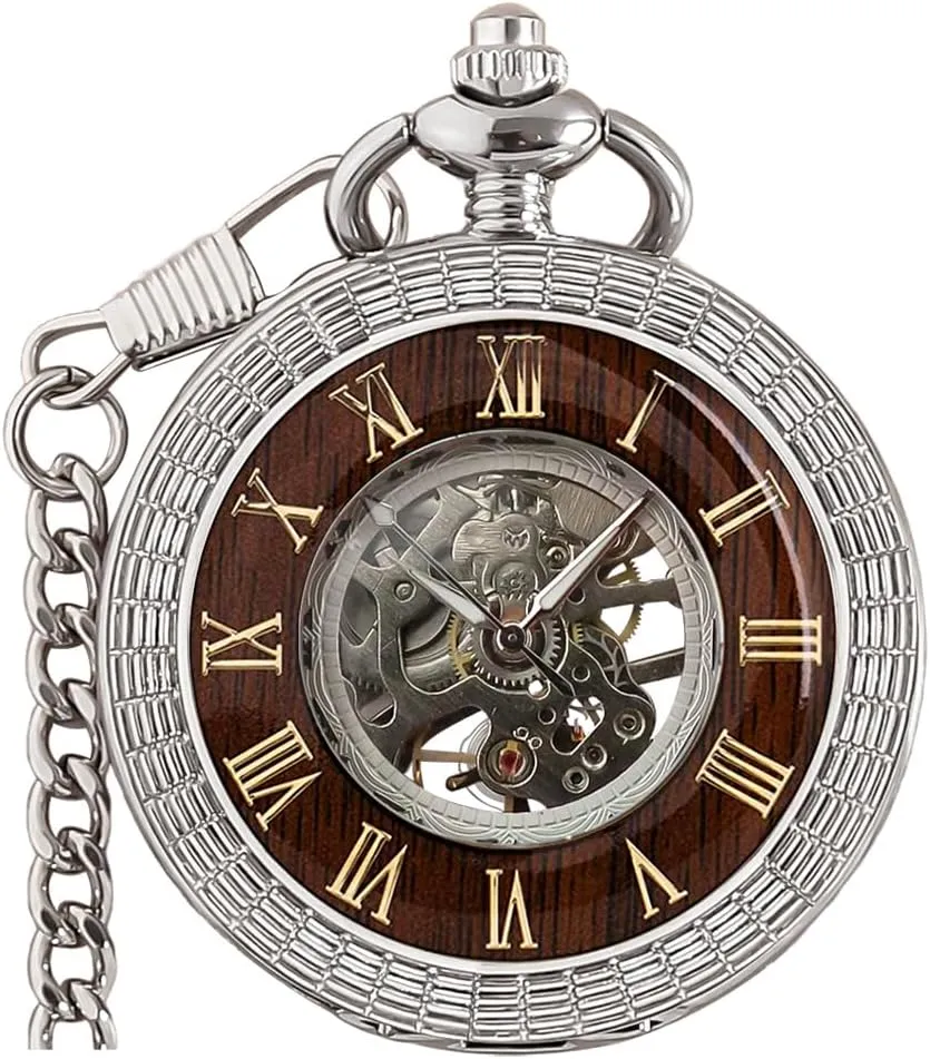 Mechanical Pocket Watch Vintage Steampunk Wood Grain Hollow Design with Chain pigment clipper wagon and Box VIGOROSO Men's Hand-Wind 
