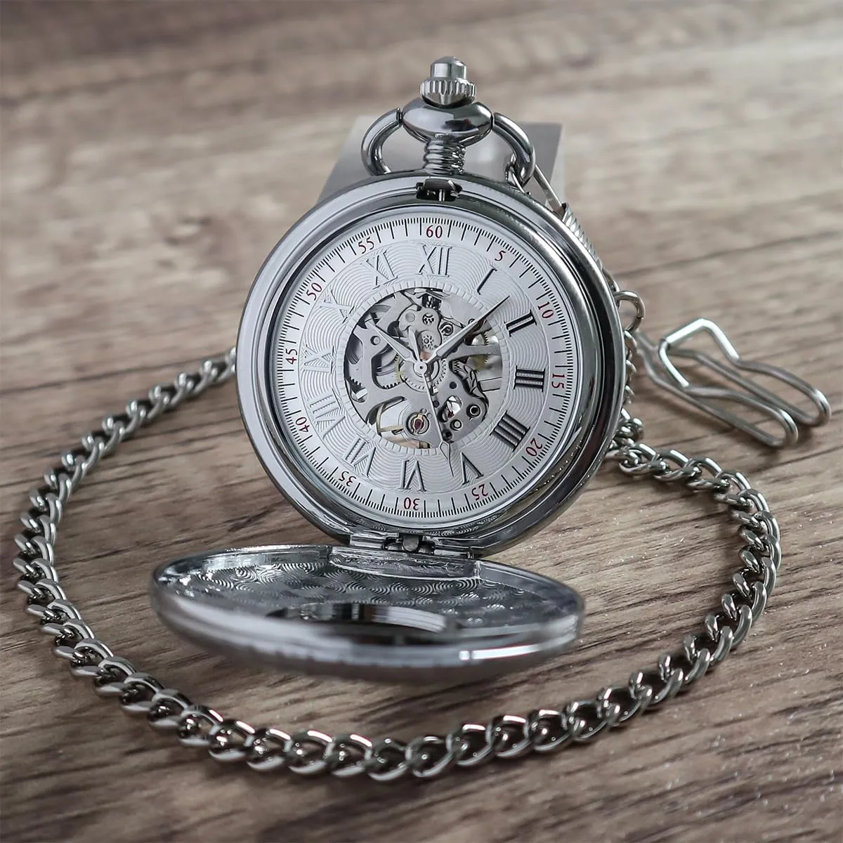 Mechanical Pocket Watch Vintage Steampunk Wood Grain Hollow Design with Chain pigment clipper wagon and Box VIGOROSO Men's Hand-Wind 