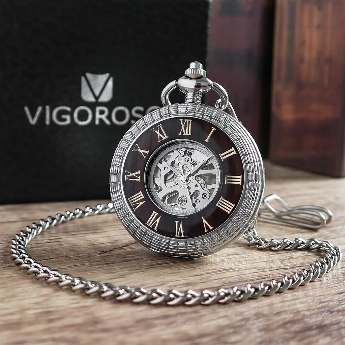 Mechanical Pocket Watch Vintage Steampunk Wood Grain Hollow Design with Chain pigment clipper wagon and Box VIGOROSO Men's Hand-Wind 