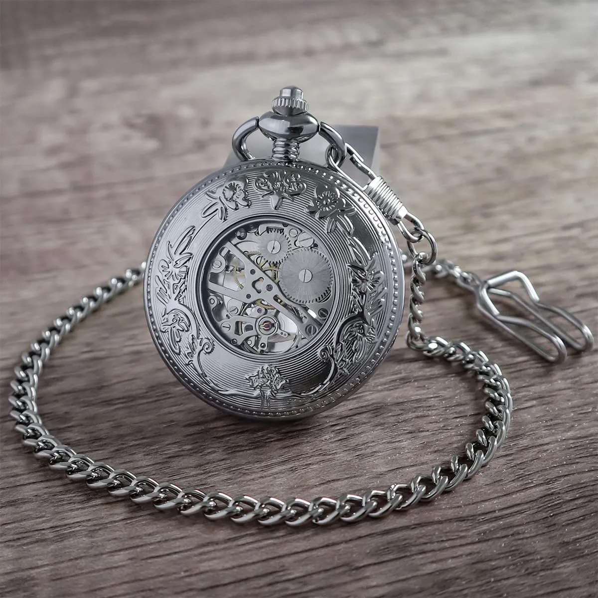 Mechanical Pocket Watch Vintage Steampunk Wood Grain Hollow Design with Chain pigment clipper wagon and Box VIGOROSO Men's Hand-Wind 