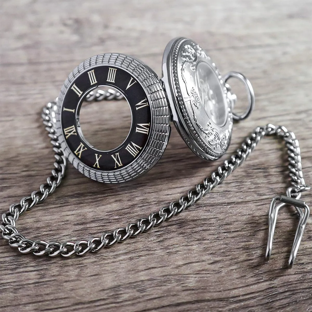 Mechanical Pocket Watch Vintage Steampunk Wood Grain Hollow Design with Chain pigment clipper wagon and Box VIGOROSO Men's Hand-Wind 