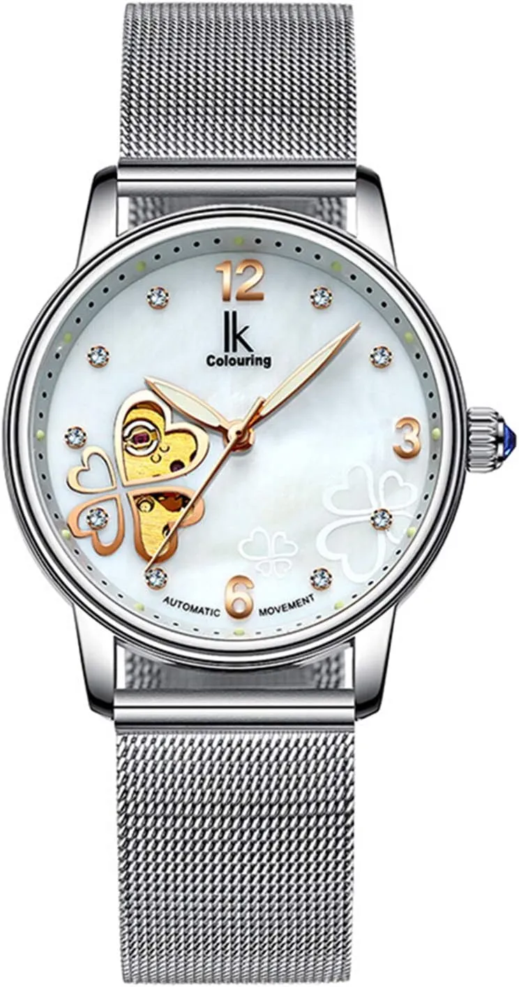 Mechanical Rhinestones Leather Waterproof Watch Shell Dial Four Leaf balmy audit boxlike liable sleeper besides Clover MASTOP Women's Skeleton Automatic 