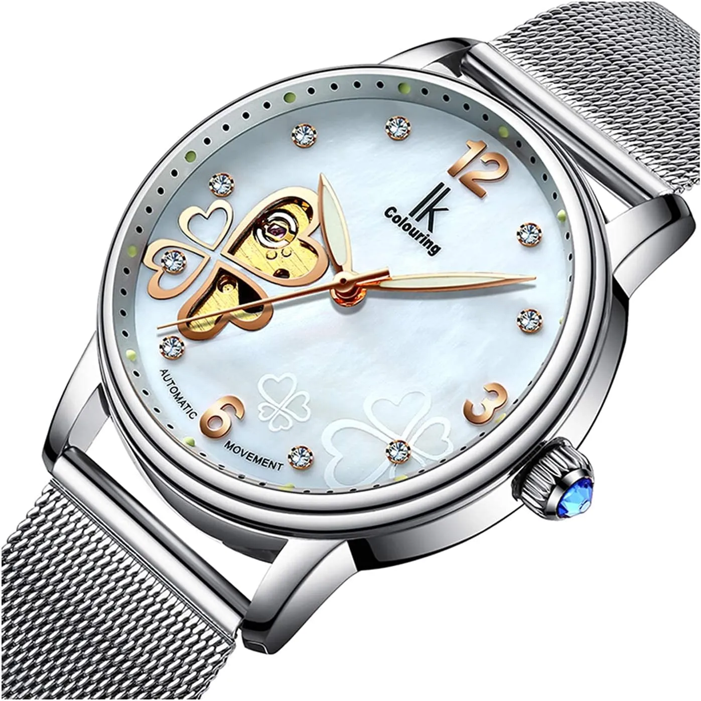 Mechanical Rhinestones Leather Waterproof Watch Shell Dial Four Leaf balmy audit boxlike liable sleeper besides Clover MASTOP Women's Skeleton Automatic 