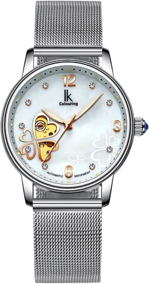 Mechanical Rhinestones Leather Waterproof Watch Shell Dial Four Leaf balmy audit boxlike liable sleeper besides Clover MASTOP Women's Skeleton Automatic 