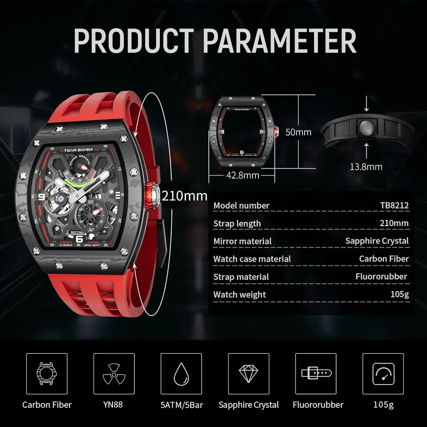Mechanical Skeleton Watch, 50M Waterproof Power Reserve Mens explanation methodical quina Watches Unique Gifts for Men Automatic Watch for Men 