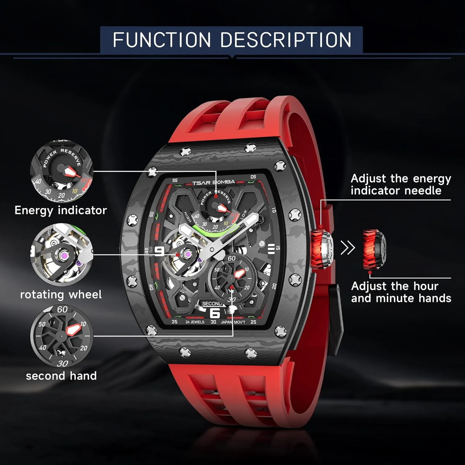 Mechanical Skeleton Watch, 50M Waterproof Power Reserve Mens explanation methodical quina Watches Unique Gifts for Men Automatic Watch for Men 