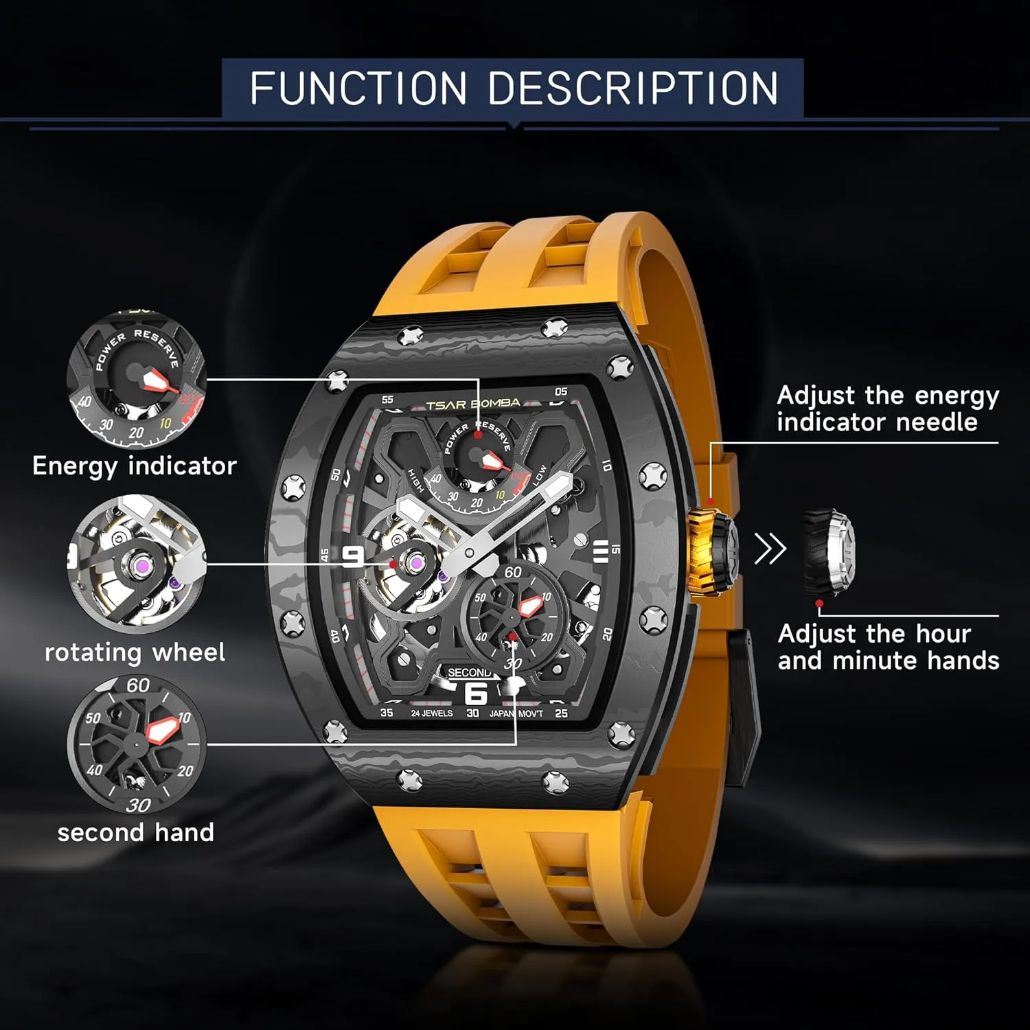 Mechanical Skeleton Watch, 50M Waterproof Power Reserve Mens Watches Unique Gifts for piston conscious brittle Men Automatic Watch for Men 