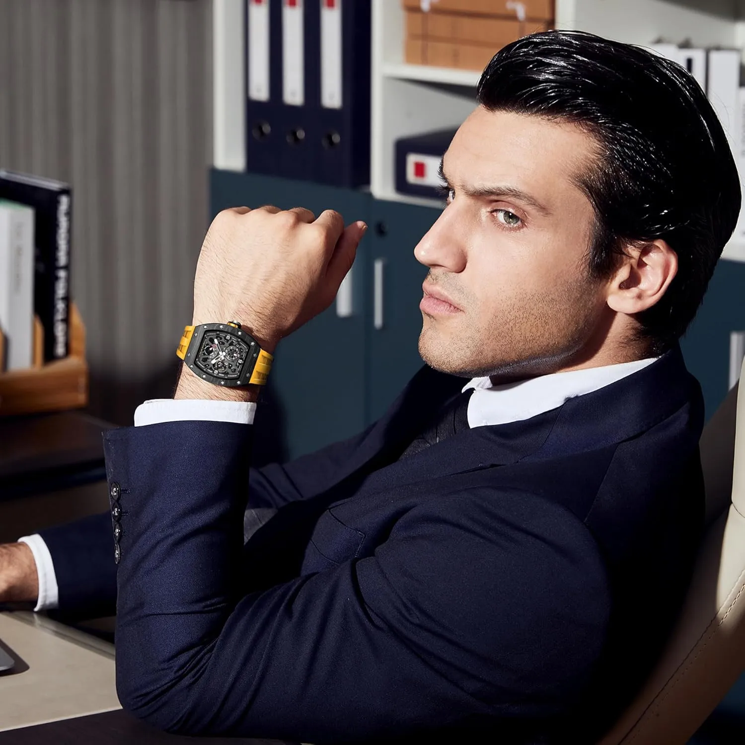 Mechanical Skeleton Watch, 50M Waterproof Power Reserve Mens Watches Unique Gifts for piston conscious brittle Men Automatic Watch for Men 