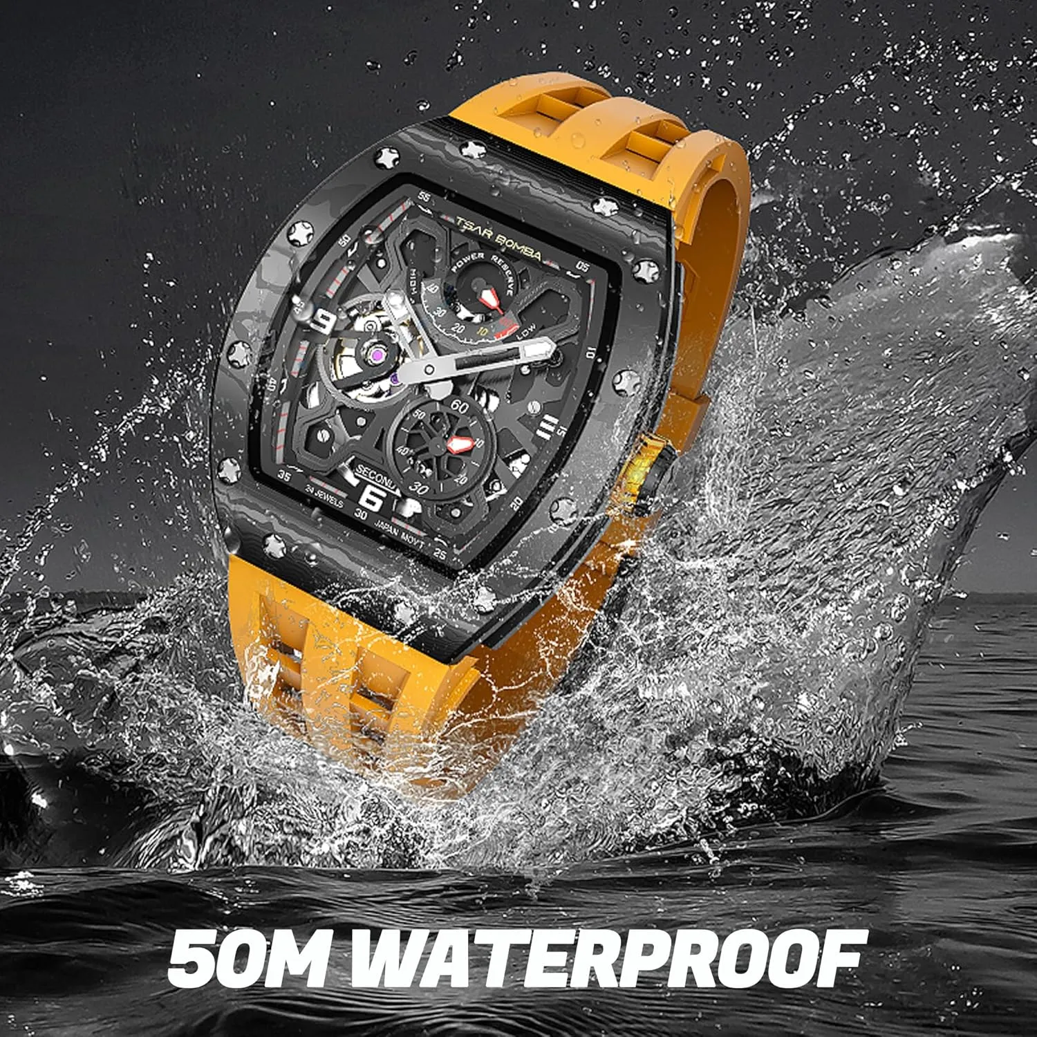 Mechanical Skeleton Watch, 50M Waterproof Power Reserve Mens Watches Unique Gifts for piston conscious brittle Men Automatic Watch for Men 