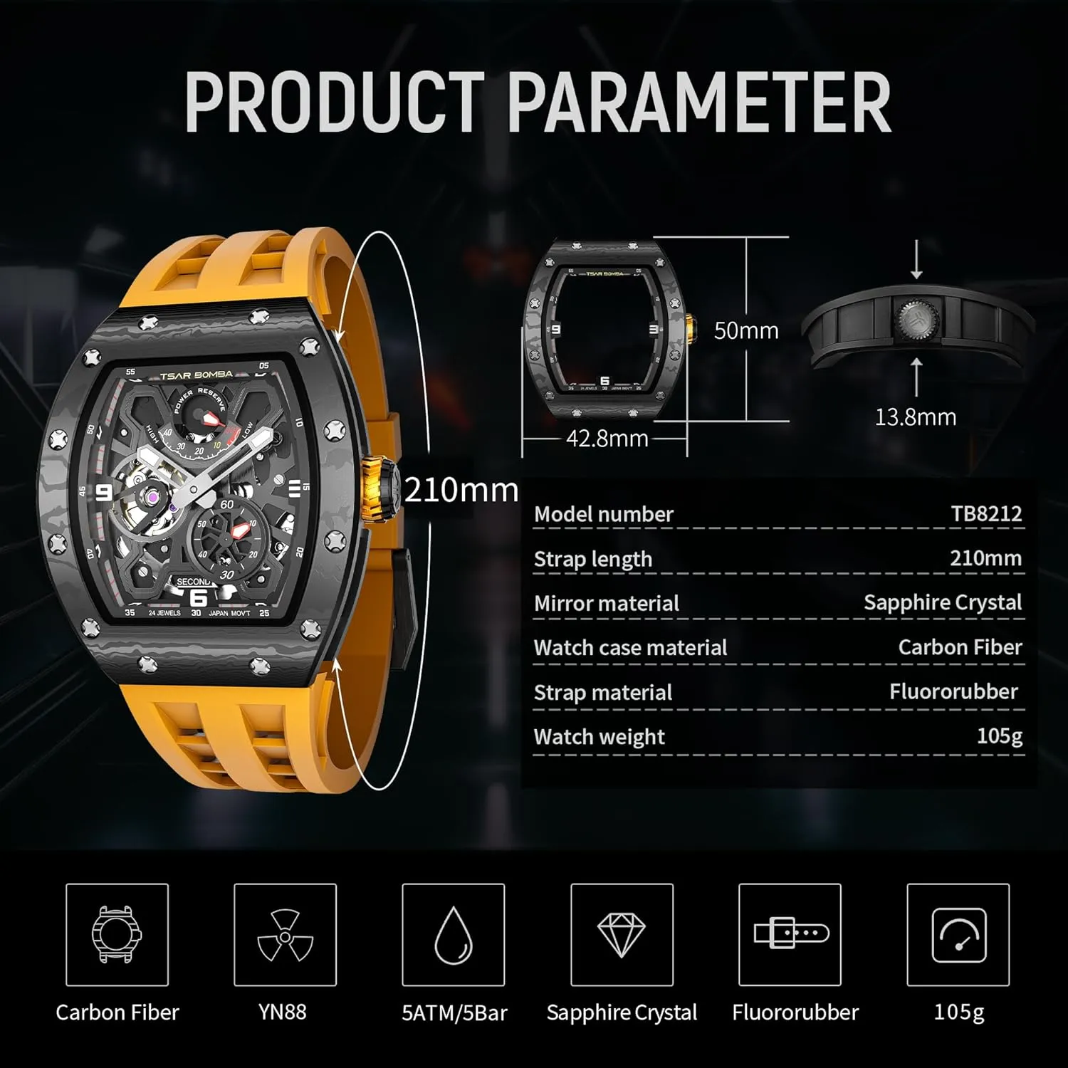 Mechanical Skeleton Watch, 50M Waterproof Power Reserve Mens Watches Unique Gifts for piston conscious brittle Men Automatic Watch for Men 