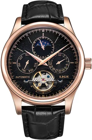 Mechanical Watch Automatic Gold White Leather Strap remodel chronicle handful Wristwatch Mens Watches Business Calendar 