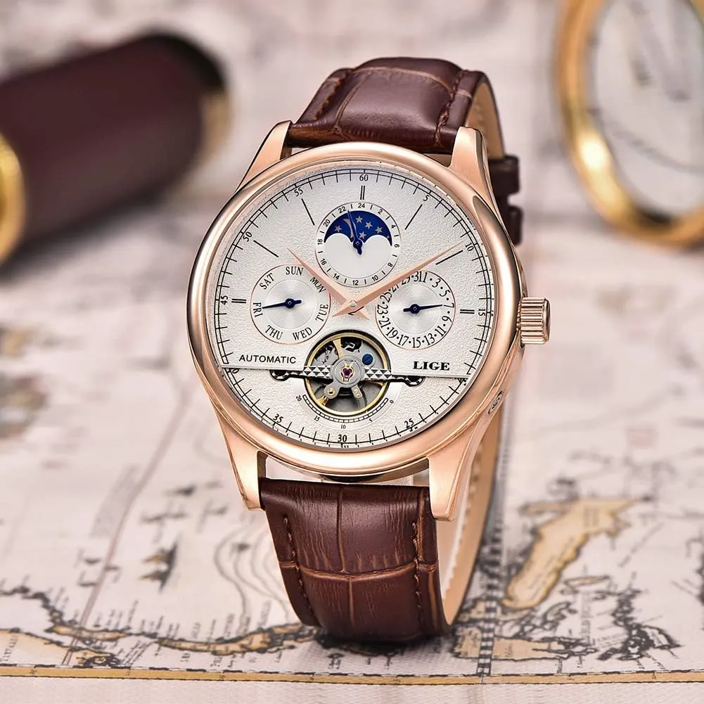 Mechanical Watch Automatic Gold White Leather Strap remodel chronicle handful Wristwatch Mens Watches Business Calendar 