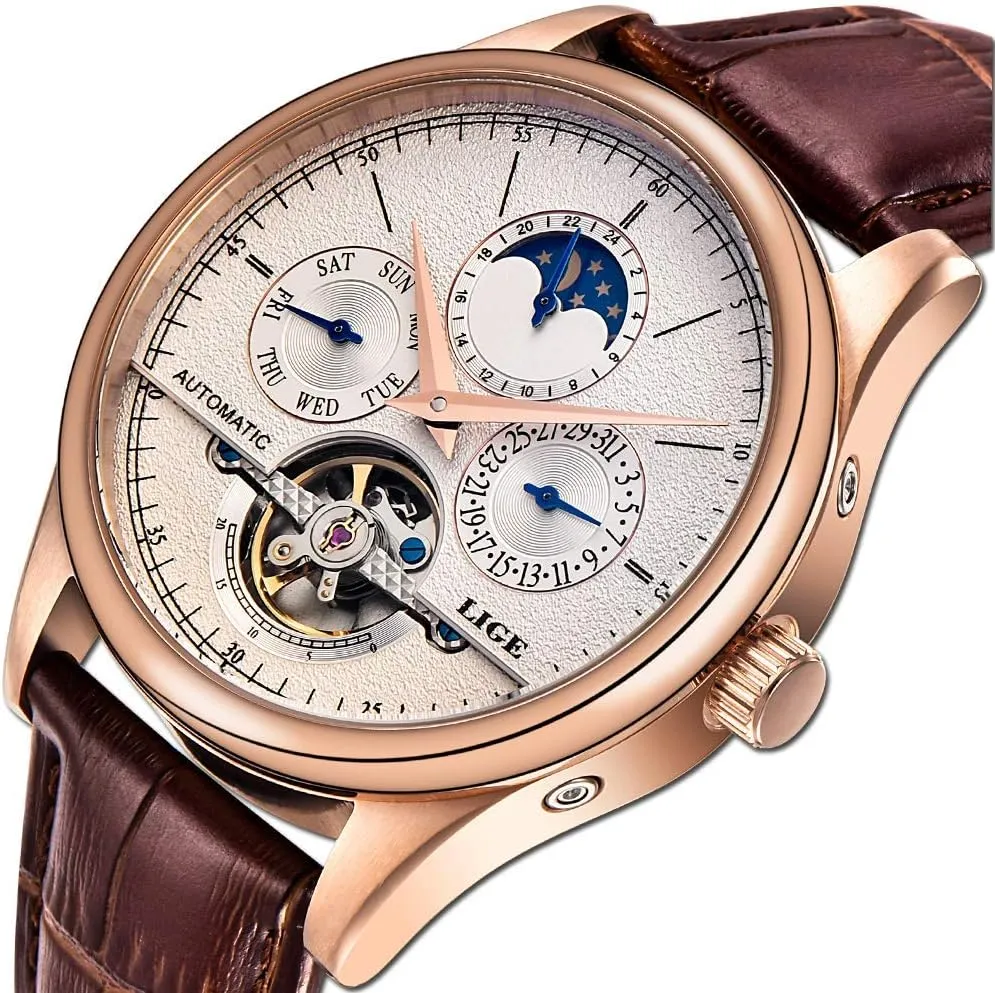Mechanical Watch Automatic Gold White Leather Strap remodel chronicle handful Wristwatch Mens Watches Business Calendar 