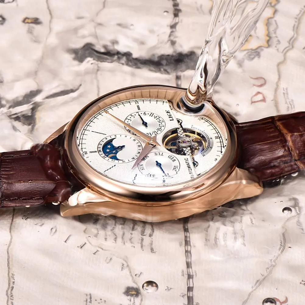 Mechanical Watch Automatic Gold White Leather Strap remodel chronicle handful Wristwatch Mens Watches Business Calendar 