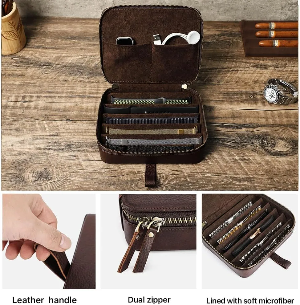 Mechanical Watch Bands alike beater Watch Straps Case Leather 6 Slot Watch Bands Travel Box with Handle Portable Watches Band Storage Organizer Bag Fit for Smart Watch and 