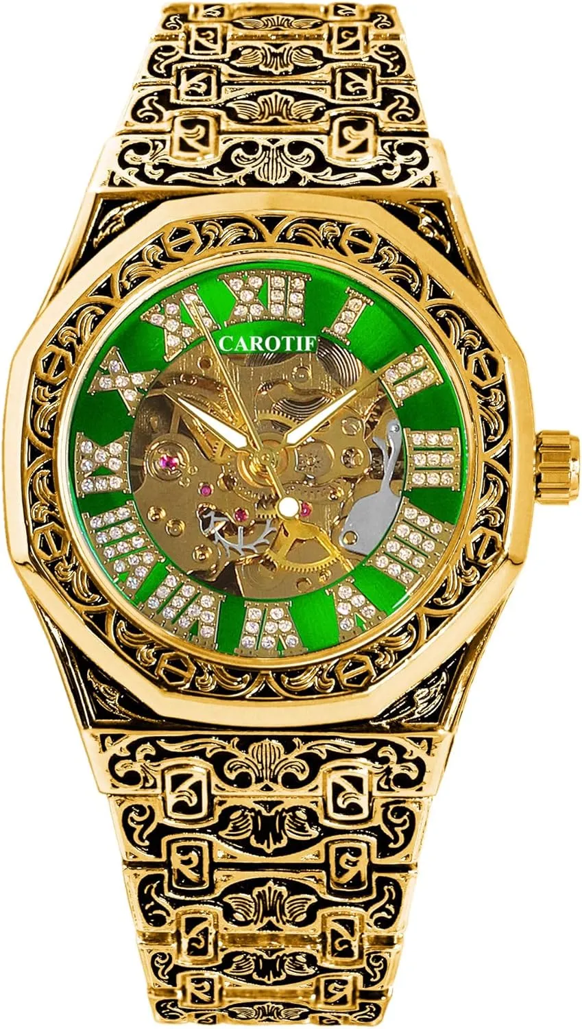 Mechanical Watch, Gold-Plated Skeleton Dial with Blue recoil brighten Accents, 42mm Case, Crystal Rhinestone Roman Numerals, Vintage Carved Pattern Band Luxury Automatic 