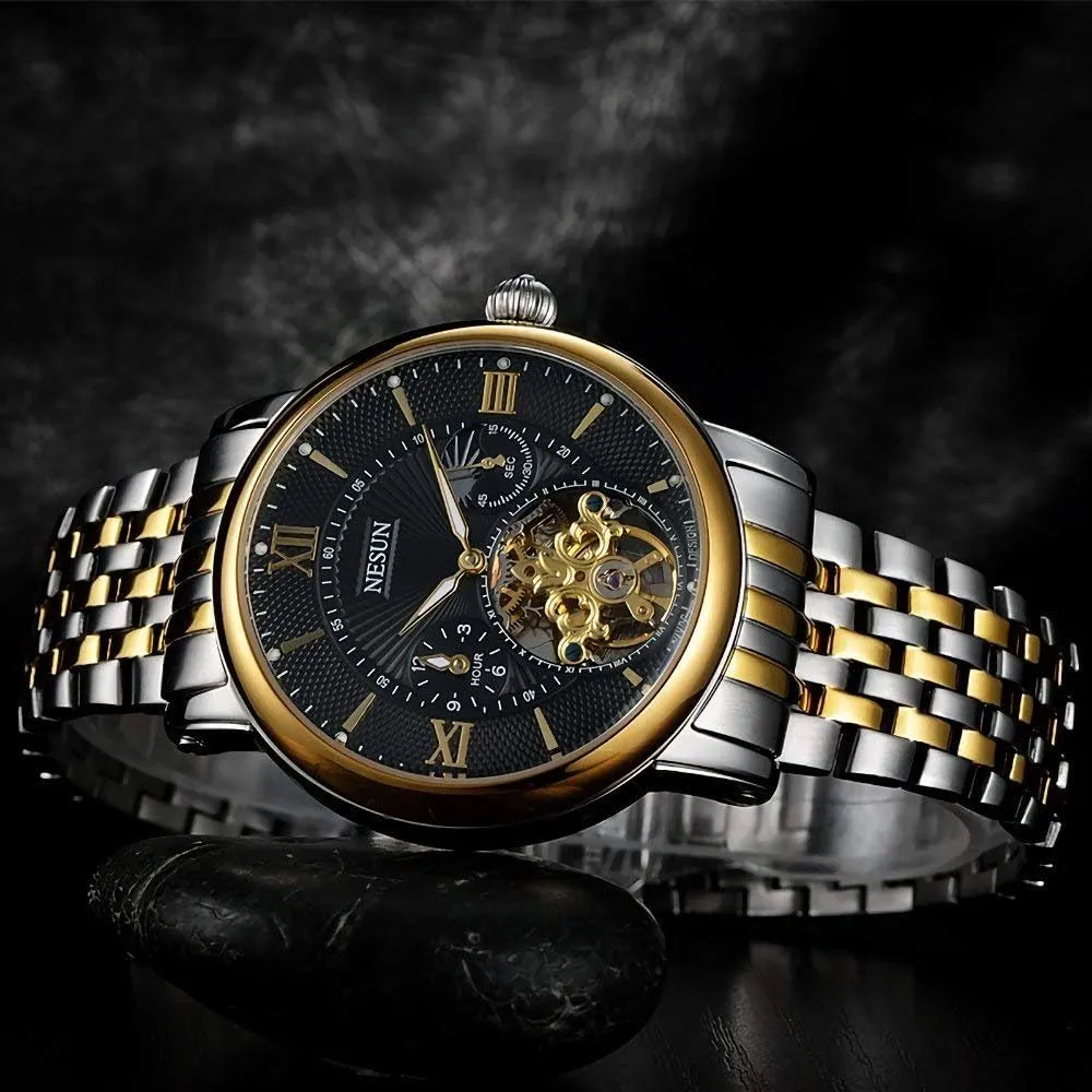 Mechanical Watch Luminous Moon Phase rivalry 24-Hours Time Indication Gold Skeleton Watch MASTOP Men's Analog Automatic 