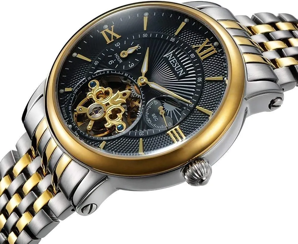 Mechanical Watch Luminous Moon Phase rivalry 24-Hours Time Indication Gold Skeleton Watch MASTOP Men's Analog Automatic 