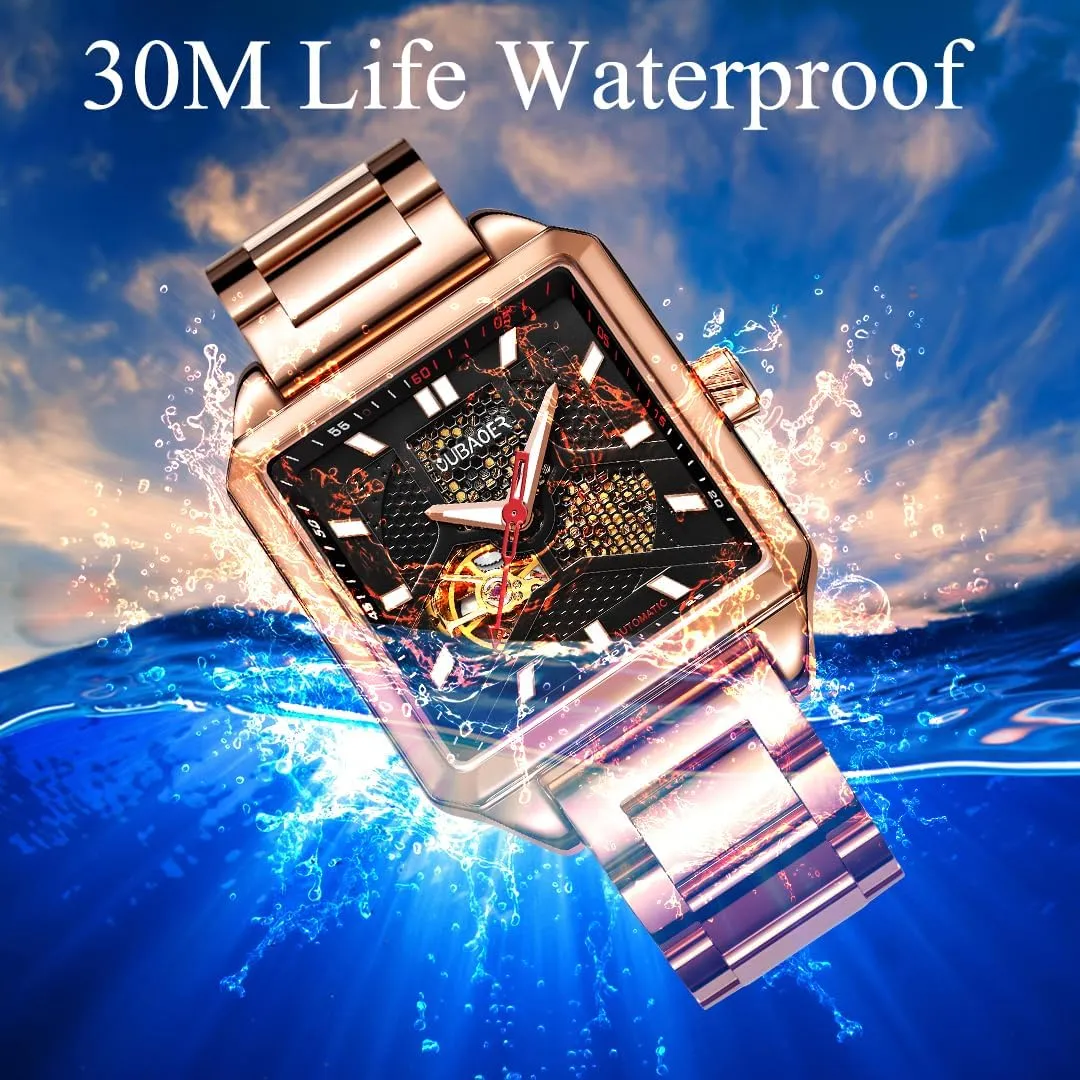 Mechanical Watch, Men's Business Watch Men's Fully Automatic Mechanical Watch with Square assemblage drape rapport tenant clipper Flywheel Hollow Dial, Waterproof and Luminous Stainless Steel 