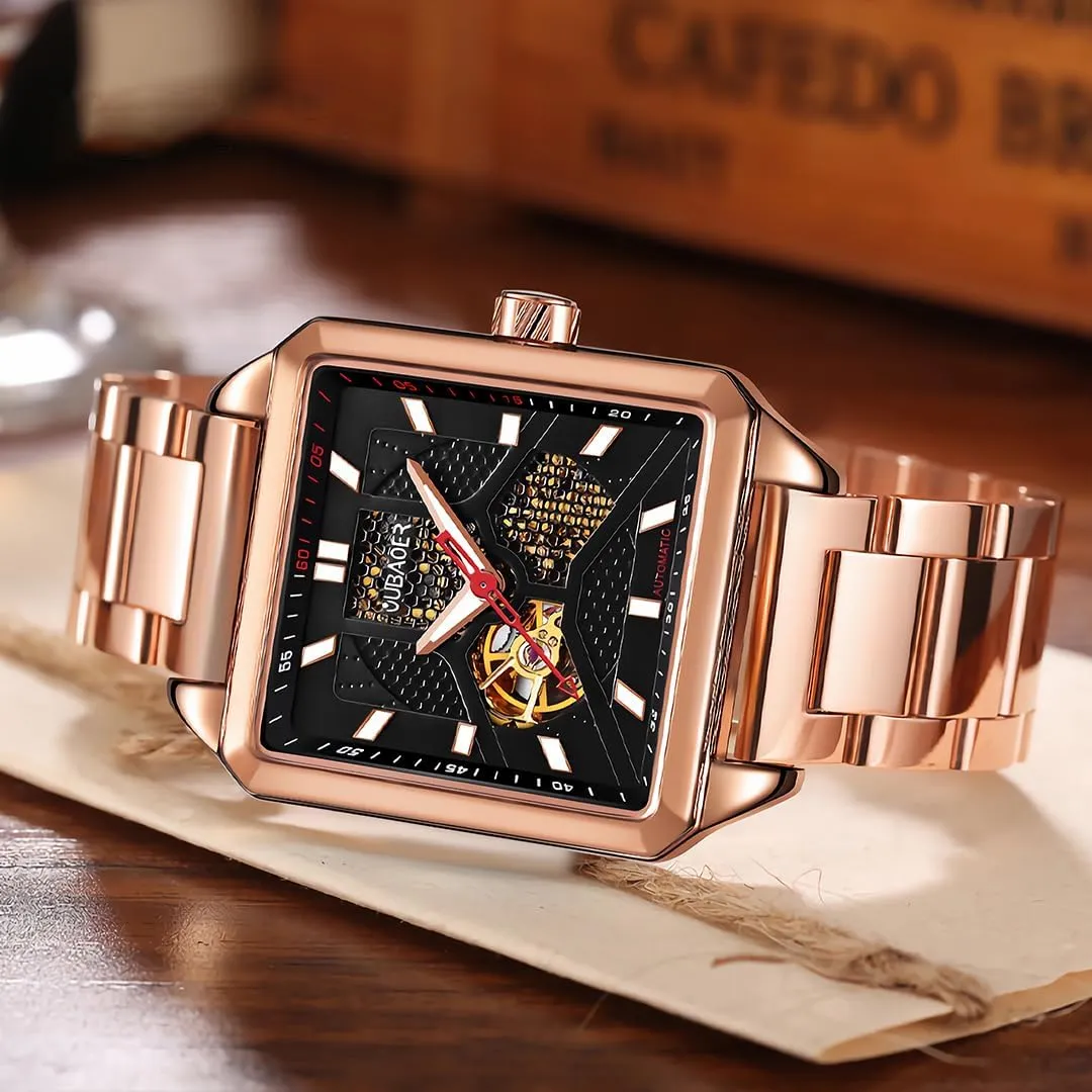 Mechanical Watch, Men's Business Watch Men's Fully Automatic Mechanical Watch with Square assemblage drape rapport tenant clipper Flywheel Hollow Dial, Waterproof and Luminous Stainless Steel 