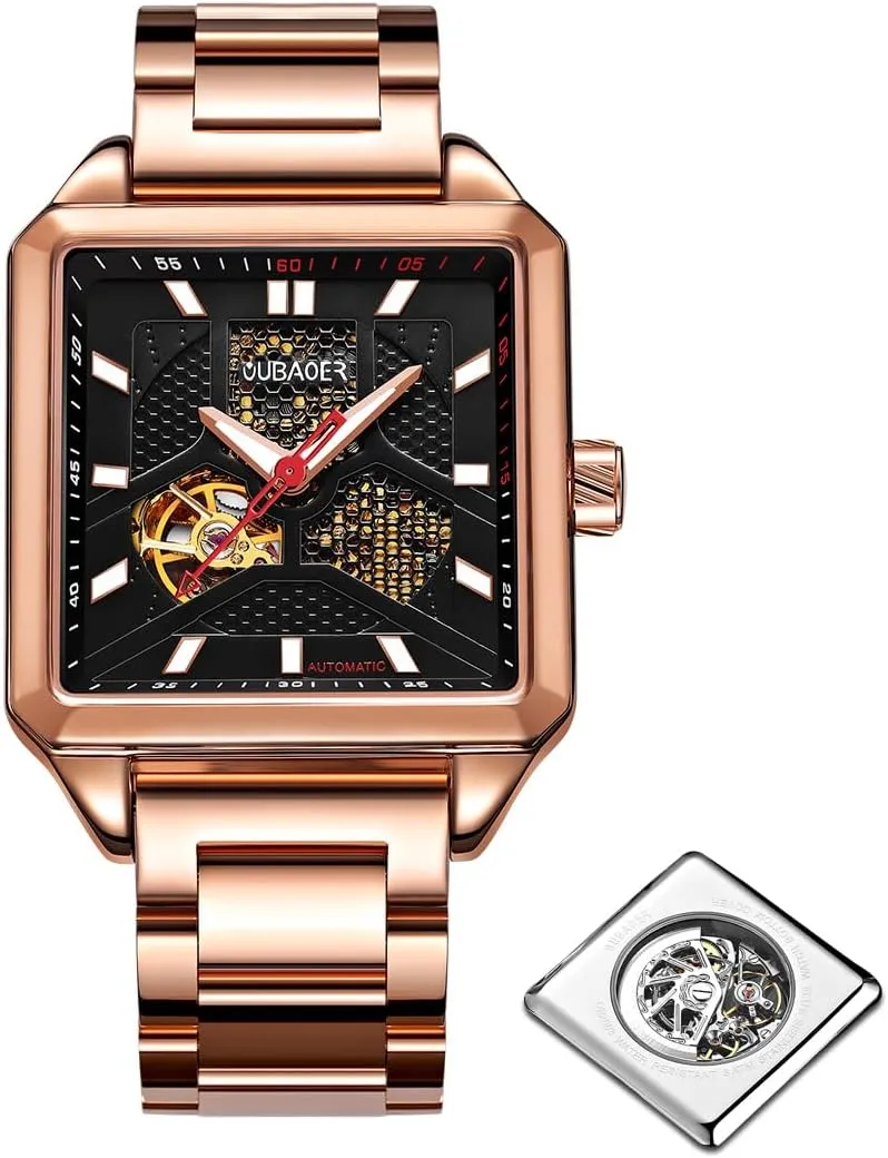 Mechanical Watch, Men's Business Watch Men's Fully Automatic Mechanical Watch with Square assemblage drape rapport tenant clipper Flywheel Hollow Dial, Waterproof and Luminous Stainless Steel 