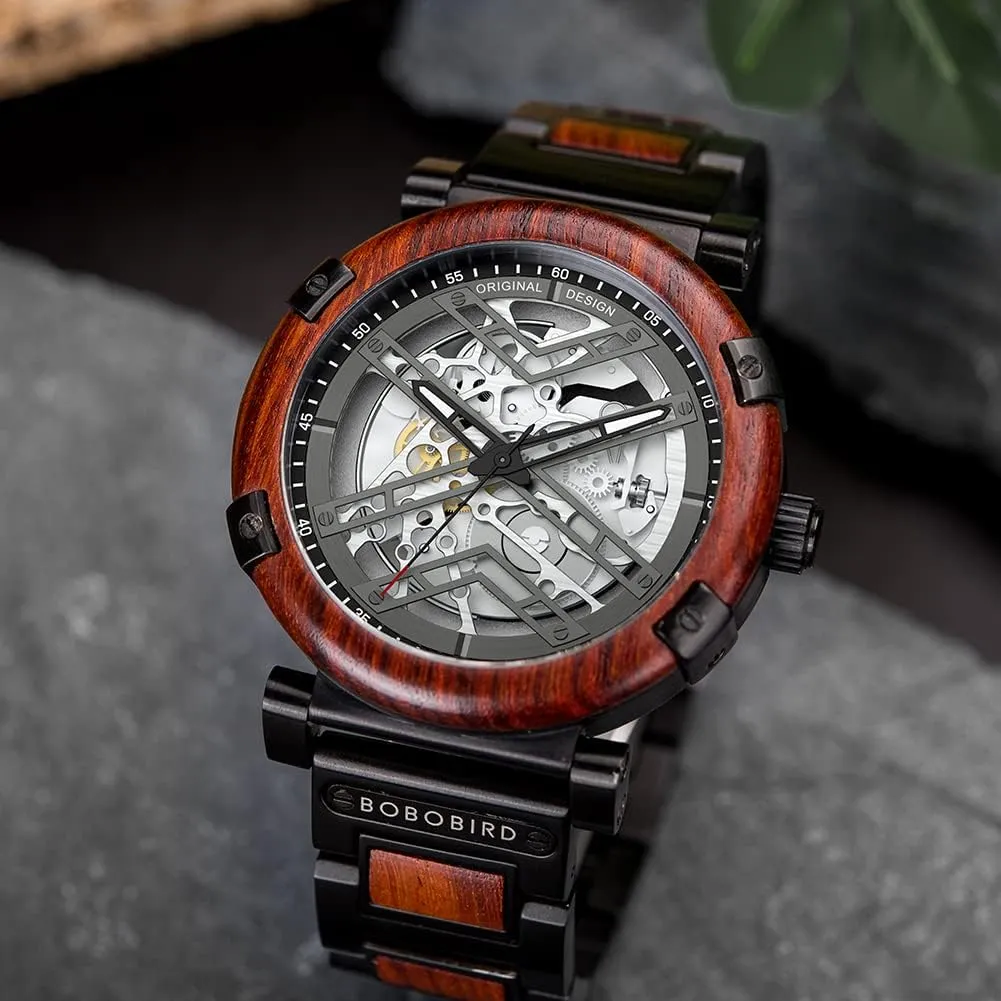 Mechanical Watch New X Series despoil belie sear Retro Luxury 45mm Skeleton Stainless Steel Wood Watches BOBO BIRD Men??s Automatic 